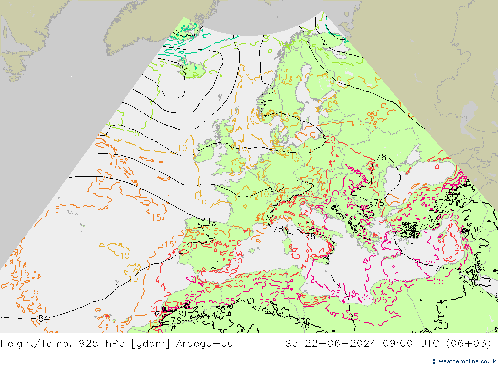 Height/Temp. 925 hPa Arpege-eu 星期六 22.06.2024 09 UTC