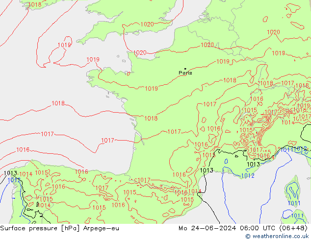 Presión superficial Arpege-eu lun 24.06.2024 06 UTC