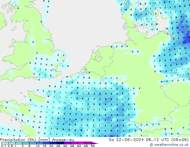 Precipitación (6h) Arpege-eu sáb 22.06.2024 12 UTC