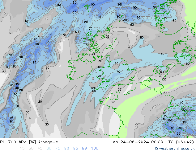 RH 700 hPa Arpege-eu Mo 24.06.2024 00 UTC