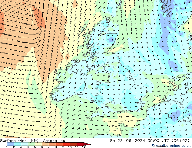 Surface wind (bft) Arpege-eu So 22.06.2024 09 UTC