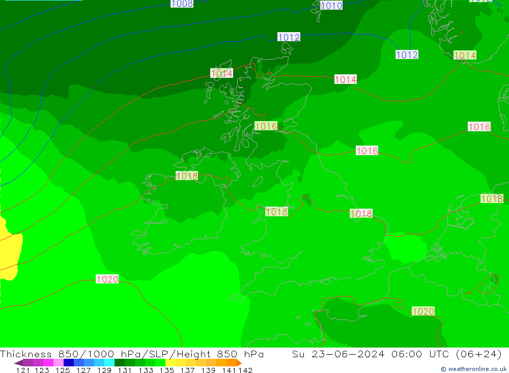 Espesor 850-1000 hPa Arpege-eu dom 23.06.2024 06 UTC