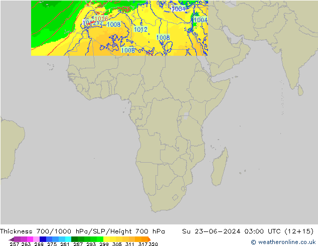 Thck 700-1000 hPa Arpege-eu Su 23.06.2024 03 UTC