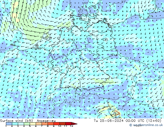 Rüzgar 10 m (bft) Arpege-eu Sa 25.06.2024 00 UTC