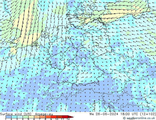 Viento 10 m (bft) Arpege-eu mié 26.06.2024 18 UTC