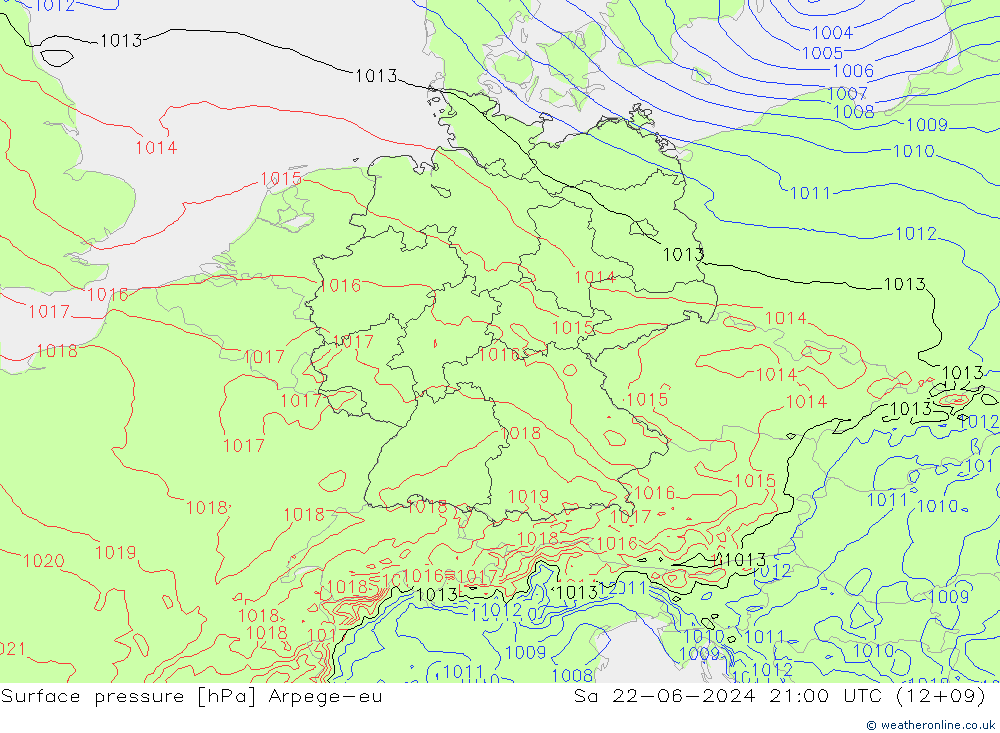 Surface pressure Arpege-eu Sa 22.06.2024 21 UTC