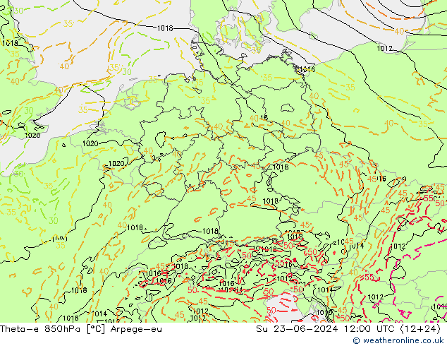 Theta-e 850hPa Arpege-eu So 23.06.2024 12 UTC