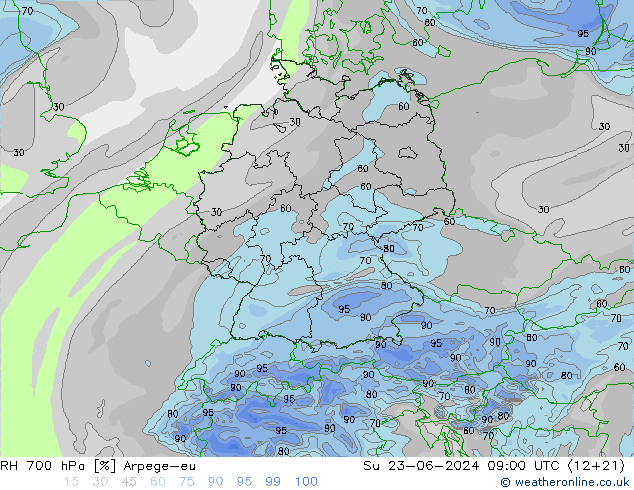 RH 700 hPa Arpege-eu Ne 23.06.2024 09 UTC