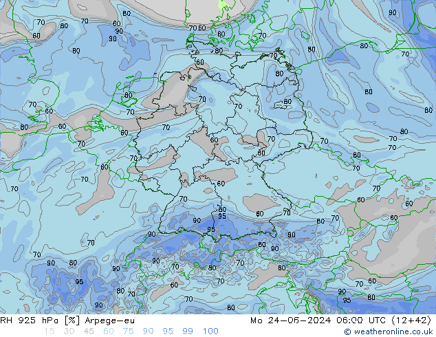 RH 925 hPa Arpege-eu Mo 24.06.2024 06 UTC