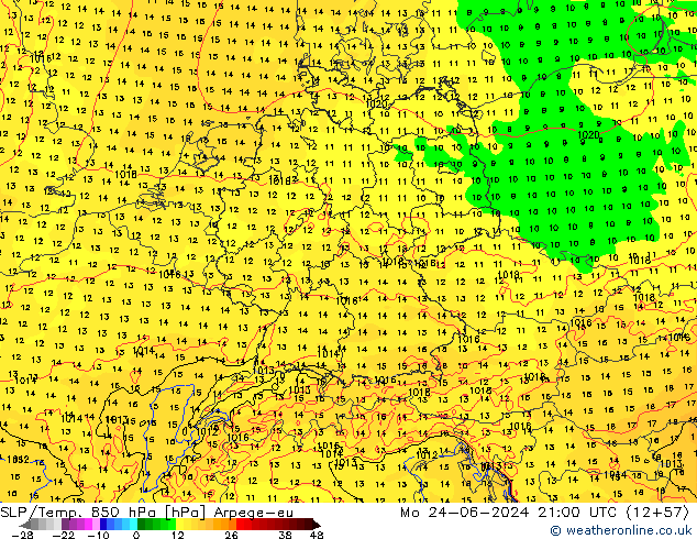 SLP/Temp. 850 hPa Arpege-eu pon. 24.06.2024 21 UTC