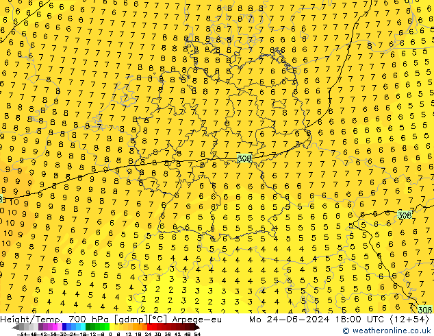 Height/Temp. 700 hPa Arpege-eu Mo 24.06.2024 18 UTC