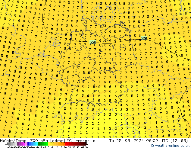 Height/Temp. 700 hPa Arpege-eu mar 25.06.2024 06 UTC