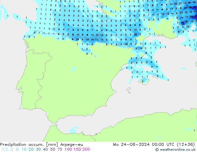 Precipitation accum. Arpege-eu Mo 24.06.2024 00 UTC