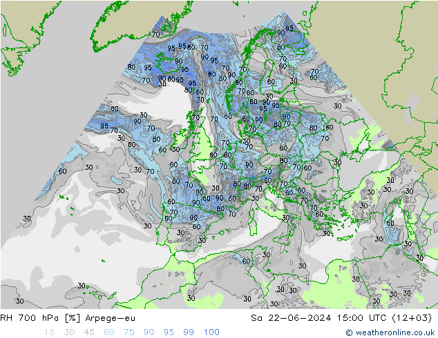 RH 700 hPa Arpege-eu 星期六 22.06.2024 15 UTC