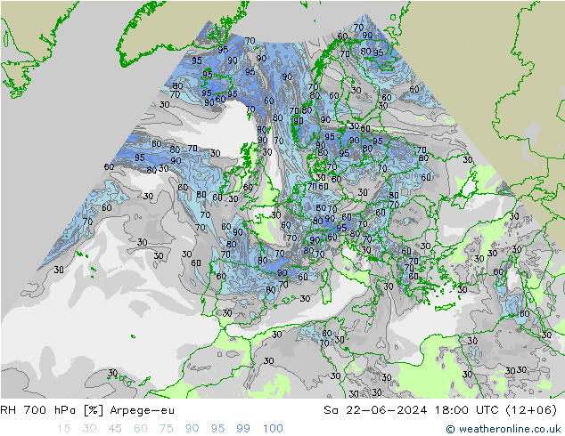 Humedad rel. 700hPa Arpege-eu sáb 22.06.2024 18 UTC