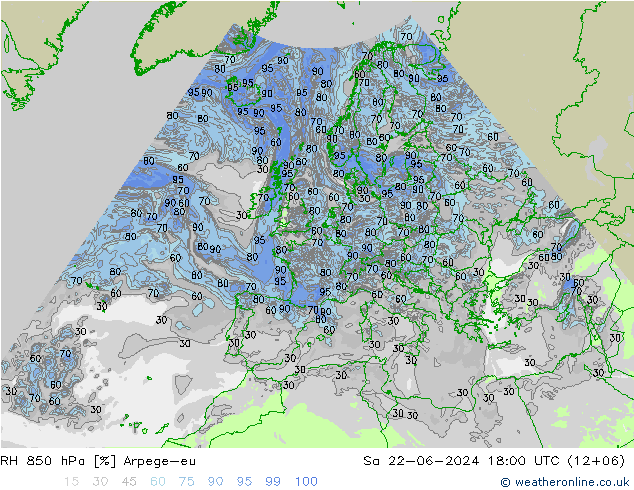 Humedad rel. 850hPa Arpege-eu sáb 22.06.2024 18 UTC