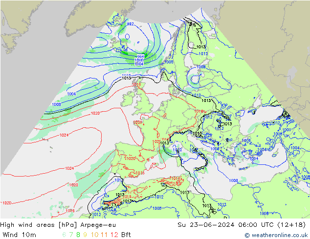 High wind areas Arpege-eu Ne 23.06.2024 06 UTC