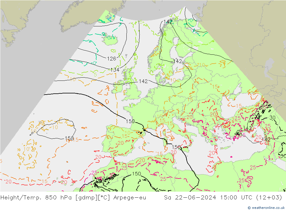 Height/Temp. 850 hPa Arpege-eu 星期六 22.06.2024 15 UTC