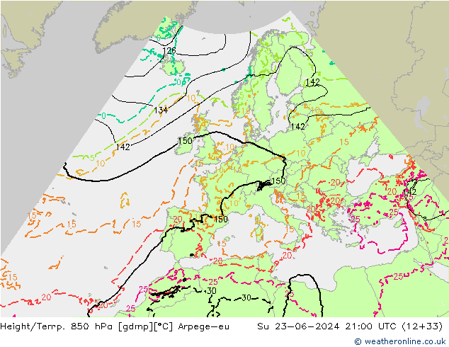 Height/Temp. 850 hPa Arpege-eu nie. 23.06.2024 21 UTC