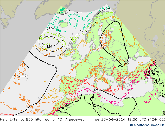 Géop./Temp. 850 hPa Arpege-eu mer 26.06.2024 18 UTC