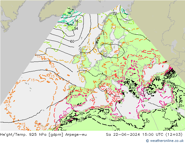 Height/Temp. 925 hPa Arpege-eu 星期六 22.06.2024 15 UTC