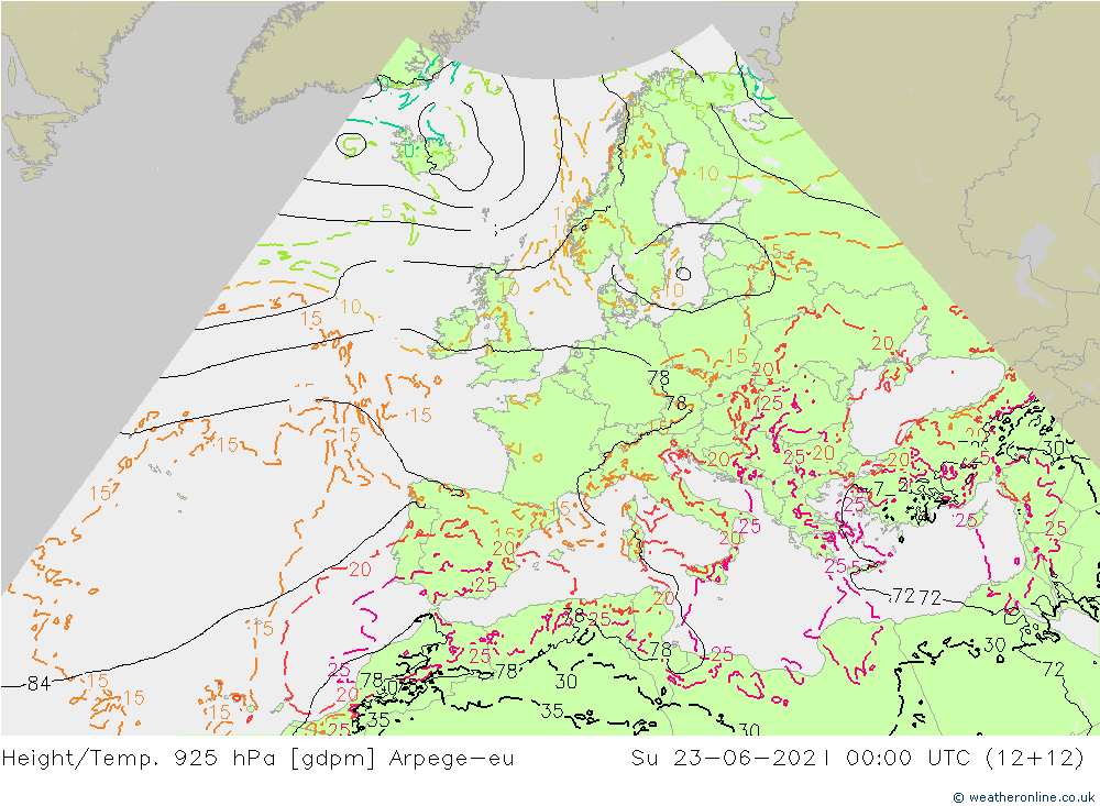 Geop./Temp. 925 hPa Arpege-eu dom 23.06.2024 00 UTC