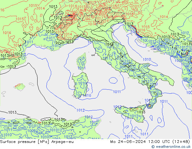 Surface pressure Arpege-eu Mo 24.06.2024 12 UTC