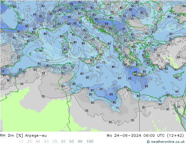 Humidité rel. 2m Arpege-eu lun 24.06.2024 06 UTC