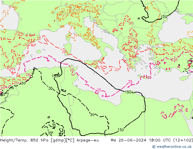 Height/Temp. 850 hPa Arpege-eu śro. 26.06.2024 18 UTC