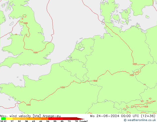 Max. wind velocity Arpege-eu Mo 24.06.2024 00 UTC