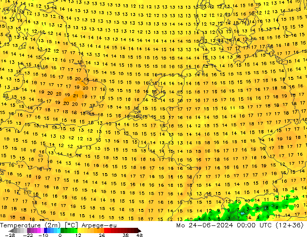 Temperature (2m) Arpege-eu Mo 24.06.2024 00 UTC