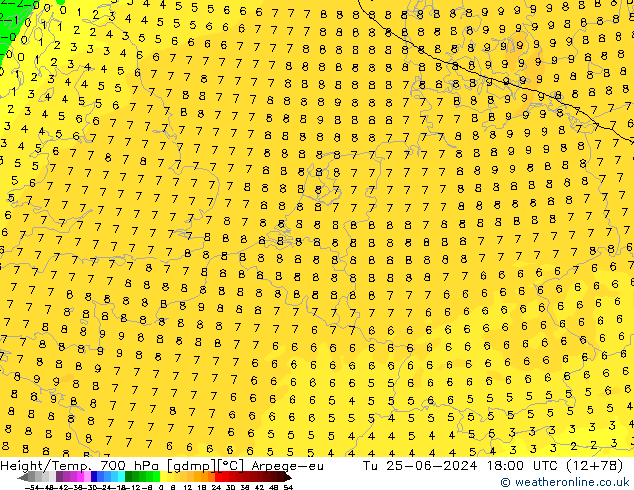 Height/Temp. 700 гПа Arpege-eu вт 25.06.2024 18 UTC