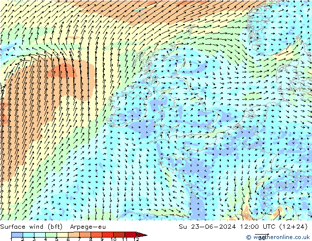 Viento 10 m (bft) Arpege-eu dom 23.06.2024 12 UTC