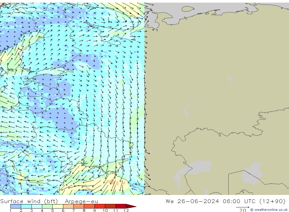 Surface wind (bft) Arpege-eu We 26.06.2024 06 UTC