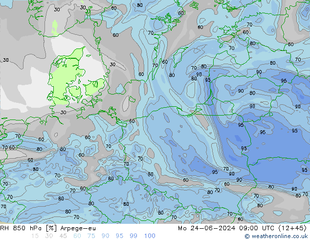 RH 850 hPa Arpege-eu Mo 24.06.2024 09 UTC