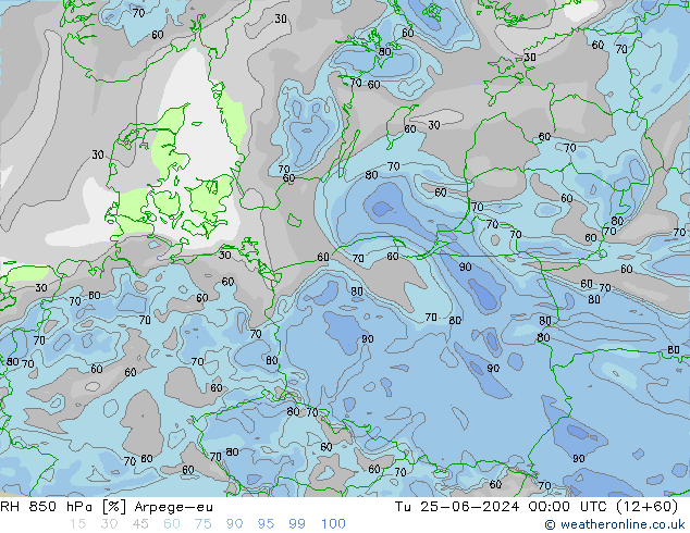 Humidité rel. 850 hPa Arpege-eu mar 25.06.2024 00 UTC