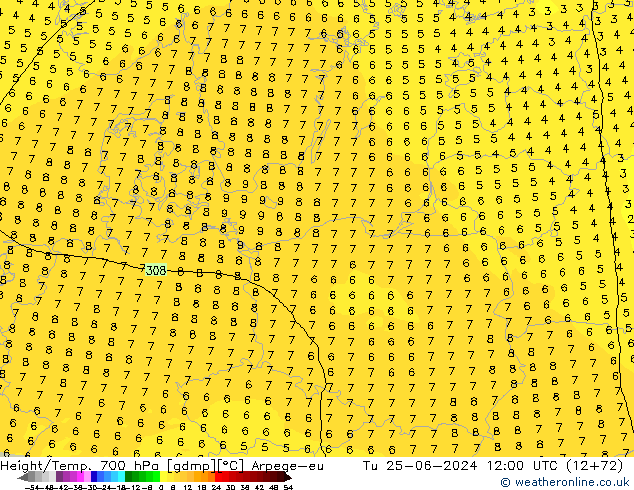 Height/Temp. 700 hPa Arpege-eu wto. 25.06.2024 12 UTC