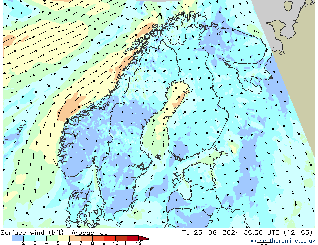 Surface wind (bft) Arpege-eu Út 25.06.2024 06 UTC