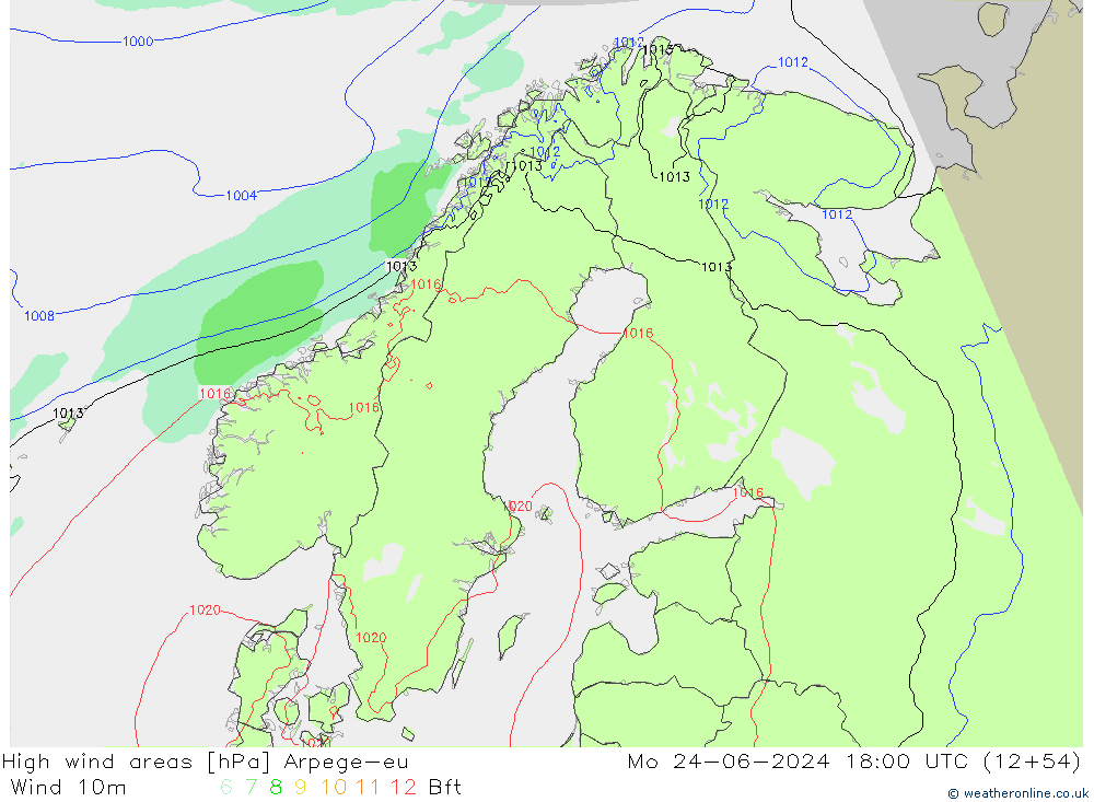 High wind areas Arpege-eu Mo 24.06.2024 18 UTC