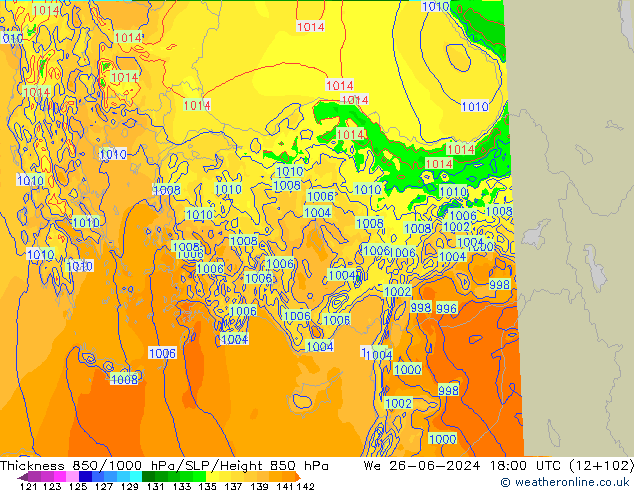 Schichtdicke 850-1000 hPa Arpege-eu Mi 26.06.2024 18 UTC