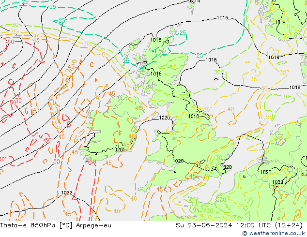 Theta-e 850hPa Arpege-eu Su 23.06.2024 12 UTC