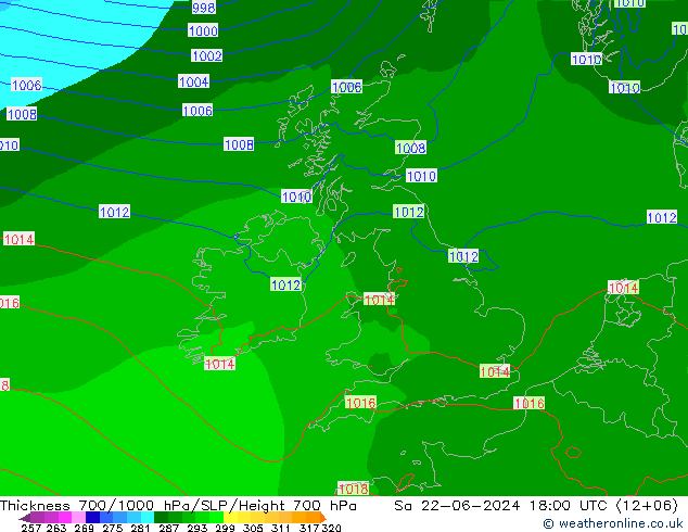 Thck 700-1000 hPa Arpege-eu Sa 22.06.2024 18 UTC