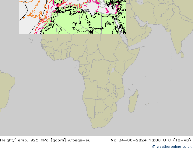 Géop./Temp. 925 hPa Arpege-eu lun 24.06.2024 18 UTC