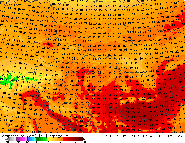 température (2m) Arpege-eu dim 23.06.2024 12 UTC