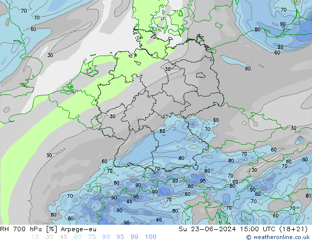 RH 700 hPa Arpege-eu dom 23.06.2024 15 UTC