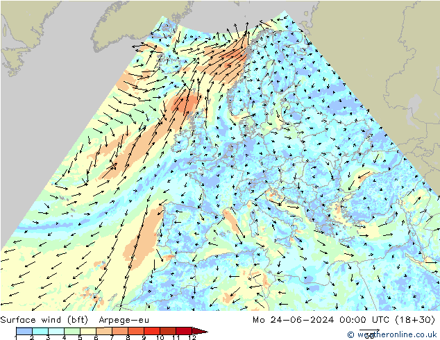 Surface wind (bft) Arpege-eu Po 24.06.2024 00 UTC
