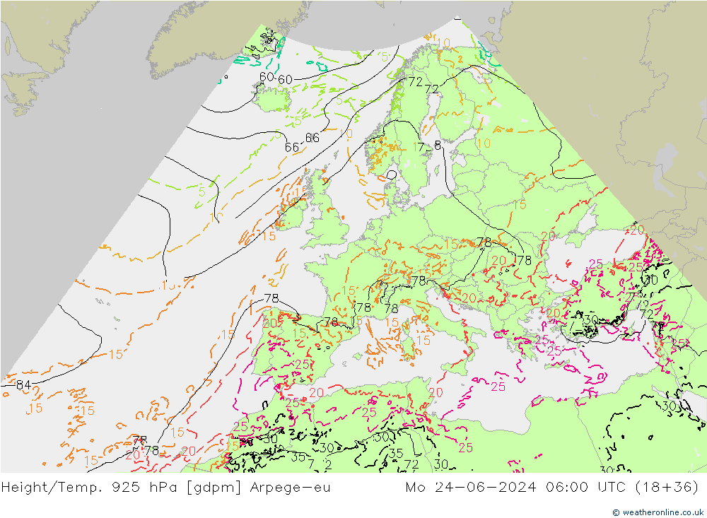 Height/Temp. 925 hPa Arpege-eu Mo 24.06.2024 06 UTC