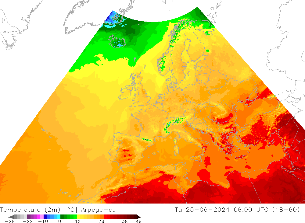 température (2m) Arpege-eu mar 25.06.2024 06 UTC