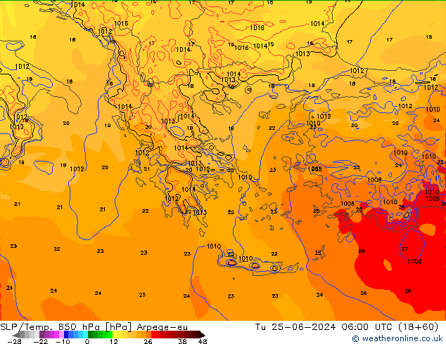 SLP/Temp. 850 гПа Arpege-eu вт 25.06.2024 06 UTC