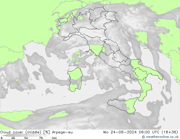 oblačnosti uprostřed Arpege-eu Po 24.06.2024 06 UTC